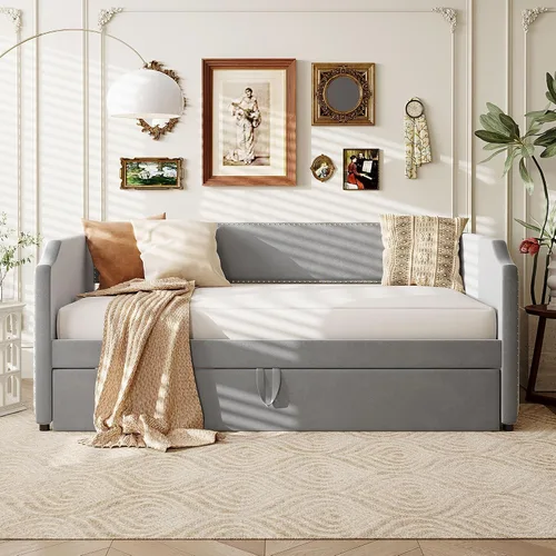 Vista 17 de Cama Diván Moderna Tamaño Twin XL con Cinturón LED y Cama Nido, Marco de Cama Plataforma de Madera con Cabecera Tapizada con Almacenamiento, Sofá