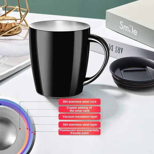Vista 2 de PARACITY Taza de café aislada de acero inoxidable con tapa y asa, taza de viaje con doble pared, taza de camping con tapa deslizante para hombres