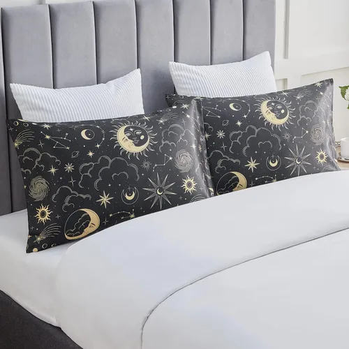 Vista 2 de EXQ Home - Funda de almohada de satén para cuidar el cabello y la piel, tamaño estándar, de seda con estampado negro, juego de 2 fundas con cierre