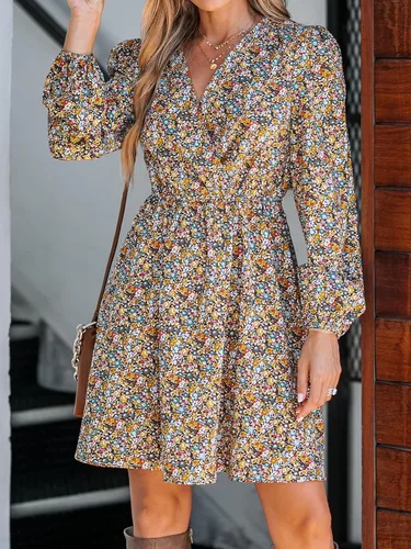 Vista 5 de CUPSHE Mini vestido floral con cuello en V para mujer, manga larga, línea A