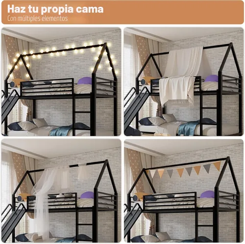 Vista 7 de Litera de cama individual sobre individual con tobogán, marco de cama en forma de casa con escalera, estructura de cama baja de servicio pesado