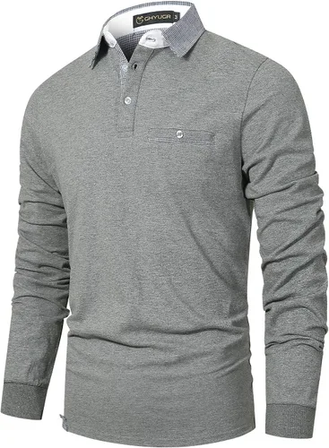 Vista 3 de GHYUGR Polos de manga larga para hombre con camisas clásicas de golf a cuadros