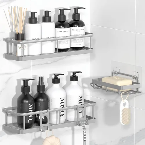 Vista 15 de YASONIC Organizador de ducha adhesivo, estantes de ducha a prueba de óxido para ducha interior, organizadores de baño de gran capacidad