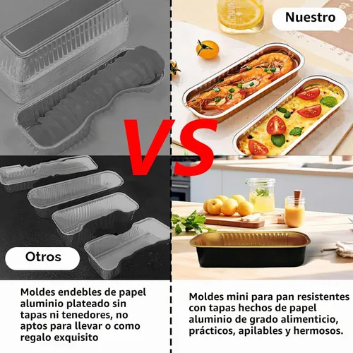 Vista 3 de Juego de 12 mini moldes para pan con tapas y cucharas, 200 ml, desechables, rectangulares, de aluminio con papel de aluminio, para hornear pasteles
