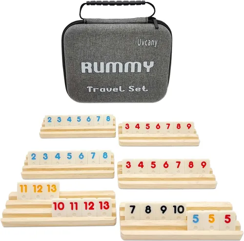 Vista 8 de Mini Travel Rummy Cube Set con 4 estantes de madera, 106 fichas de juego Rummy con estuche portátil para juegos de mesa clásicos en familia