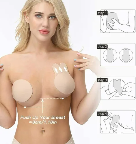 Vista 4 de Sujetador adhesivo sin tirantes de silicona invisible para mujer, vestido sin espalda con pliegues y cubiertas para pezones, color nude, 1-4 pares