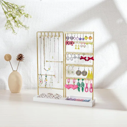 Vista 3 de Vtopmart Soporte organizador de joyas para aretes, collares, anillos, pulseras, exhibición y almacenamiento, con 90 agujeros, 12 ganchos, bandeja