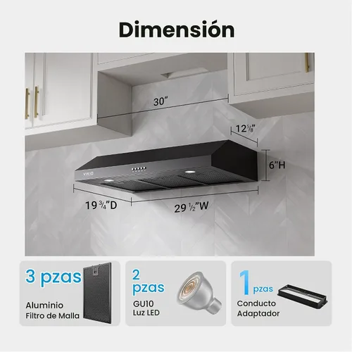 Vista 9 de VIKIO HOME Campana extractora para debajo del gabinete de 30 pulgadas, ventilación de cocina de doble motor de 580 CFM con luces LED, control