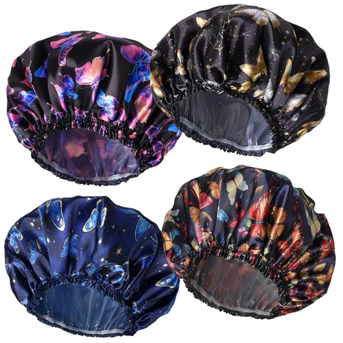Vista 18 de 4 piezas de gorros de ducha para mujer, gorros de baño con estampado, gorro de ducha de doble capa reutilizable e impermeable, gorros de ducha