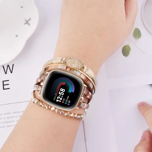 Vista 2 de VISOOM Pulsera bohemia con cuentas compatible con Fitbit Versa 2/Fitbit Versa/Versa Lite, correas de cuero a la moda, linda, hecha a mano, multicapa