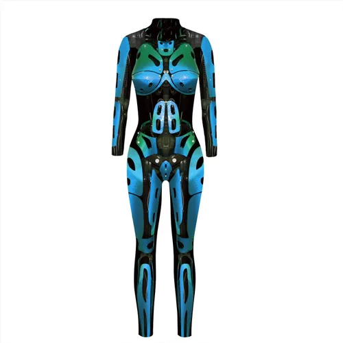 Vista 22 de Disfraz de esqueleto de calavera para mujer, overol de una pieza para Halloween 3D printed skull skeleton robot costume, Back zipper closure