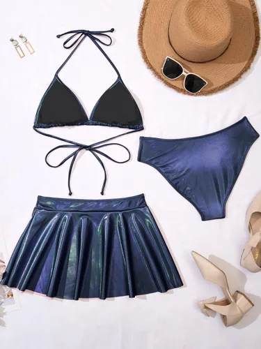 Vista 3 de Trajes de baño triangulares de 3 piezas para mujer, conjunto de bikini metálico, traje de baño con tanga con falda de playa, trajes sexys