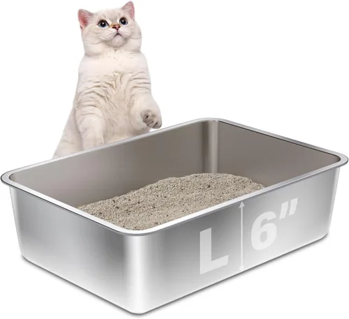 Vista 13 de Caja de arena de acero inoxidable con tapa, caja de arena de metal para gatitos, cajas de arena de entrada baja con pala y alfombra, caja de arena
