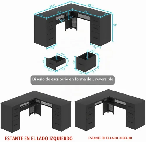 Vista 2 de HSH Escritorio negro en forma de L con cajones, escritorio de esquina con Roble negro