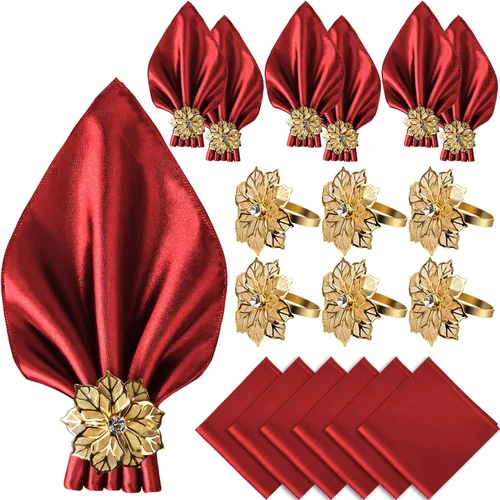 Vista 9 de VIJIV Juego de 12 servilletas de tela y juego de 6 anillos para servilletas dorados, 17x17 servilletas de cena de satén cuadradas con flores