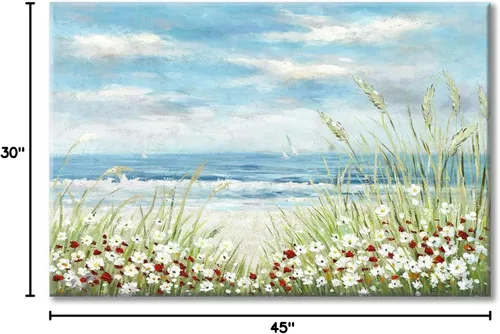 Vista 8 de UTOP-art Arte de Pared de Pintura Abstracta de Flores Silvestres: Flores en la Playa con Olas del Océano, Paisaje Marino, Obra de Arte en Lienzo