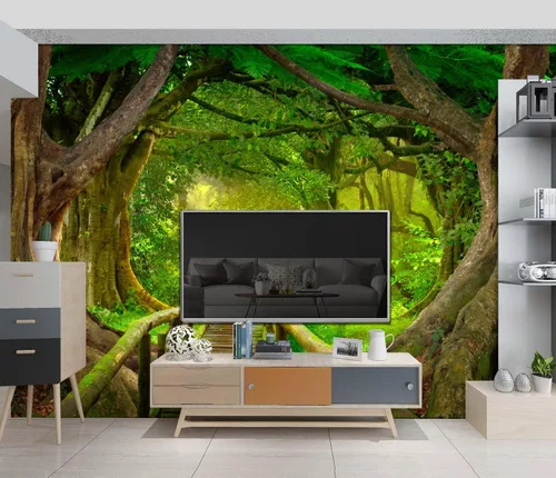 Vista 3 de Hermoso papel pintado de naturaleza verde con bosque grande, árbol gigante, paisajes de la jungla, murales de escenas de dormitorio, decoración