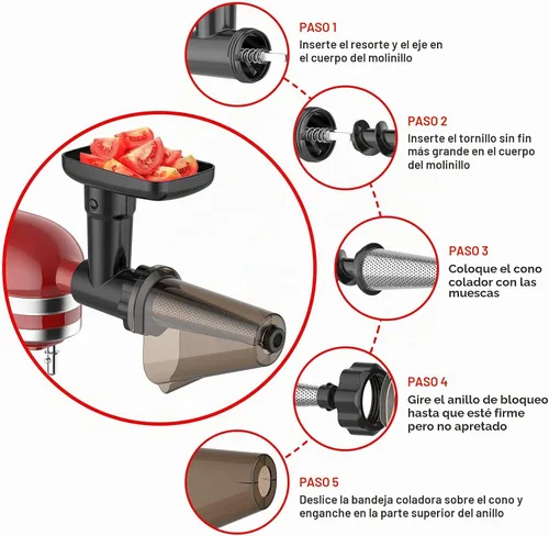 Vista 4 de Juego de accesorios de colador de frutas y verduras para batidora de pie KitchenAid, incluye accesorio de molinillo de alimentos con tubos Negro