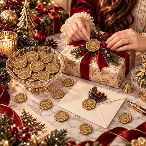 Vista 5 de SWANGSA Calcomanías de sello de cera oficiales de Santa Claus Northpole, 50 unidades, color dorado antiguo, autoadhesivas, para Navidad, invitación