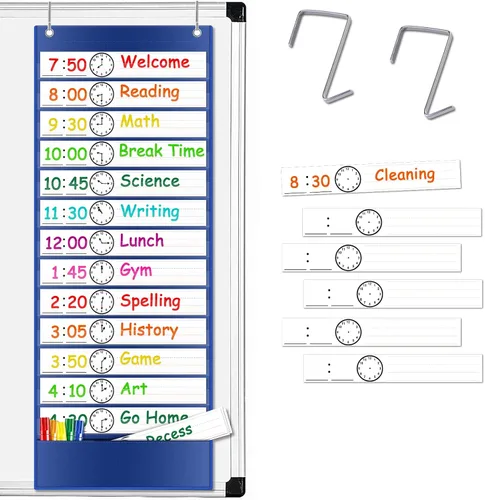 Vista 9 de Calendario diario de bolsillo – 13 + 1 bolsillos para niños con 18 tarjetas reutilizables de borrado en seco y 2 ganchos sobre la puerta para aula