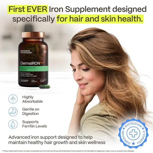 Vista 2 de DermaIRON Suplemento de hierro para mujeres y hombres, plancha suave para baja ferritina y apoyo a la anemia, adelgazamiento del cabello y apoyo a