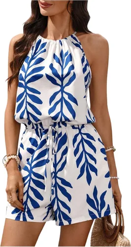Vista 9 de SweatyRocks - Enterizo de una pieza con estampado integral, sin mangas, con cuello halter y bolsillo, de cintura alta para mujer Azul
