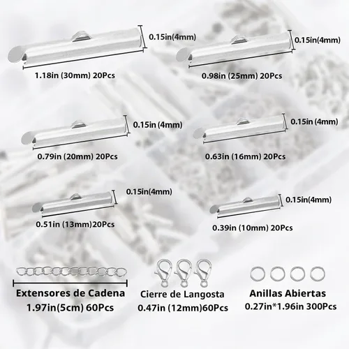 Vista 2 de Kit de cierre deslizante de plata EuTengHao para enhebrado, extremos de cordón de tubo con cierre de langosta, extensor de cadena, accesorios