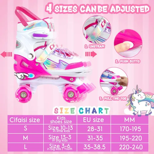 Vista 2 de Patines negros y rosados para niñas y niños de 4 a 13 años, 4 tamaños, ruedas iluminadas y diseño superior brillante