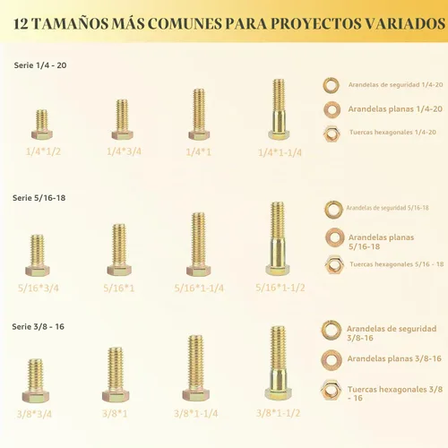 Vista 6 de ZTF SAE Grado 8 Kit de Surtido de Pernos y Tuercas, Juego de Surtido de Tornillos y Pernos Hexagonales de Servicio Pesado, 12 Tamaños Comunes