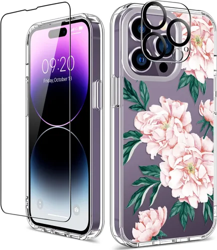 Vista 32 de Funda para iPhone 14 Pro con protector de pantalla, 6.1 pulgadas, transparente de cuerpo completo, a prueba de golpes, diseño floral, para niñas