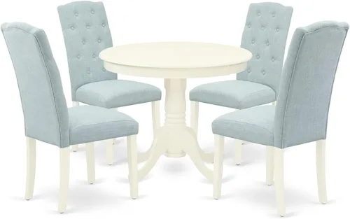 Vista 15 de East West Furniture ANCE3-LWH-15 - Juego de mesa de comedor moderno de 3 piezas que contiene una mesa de cocina redonda con pedestal y 2 sillas