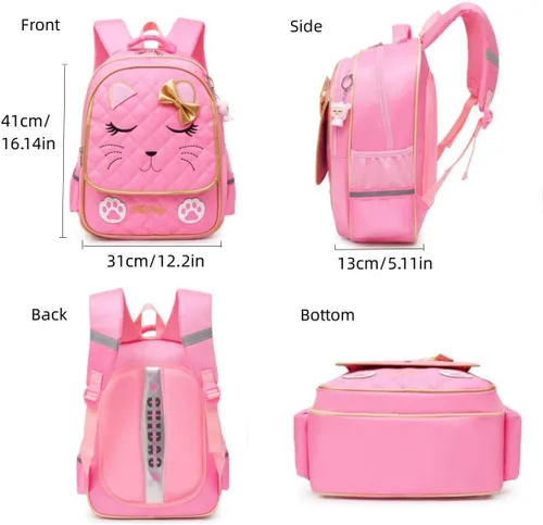Vista 3 de Mochila con ruedas para niñas, mochila escolar, con estampado de cara de gato, equipaje de mano con ruedas, 2 ruedas rosa, L, Estilo A -2 Ruedas