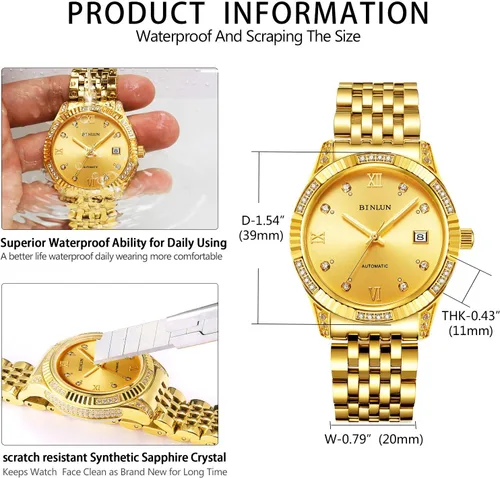 Vista 38 de BINLUN Reloj de pulsera para hombre, mecánico automático, reloj dorado con cuerda automática, elegante, chapado en oro de 18 quilates, relojes