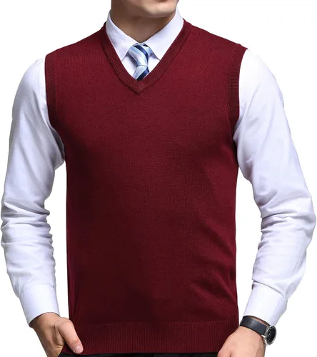 Vista 9 de FULIER Chaleco de lana de cachemira con cuello en V para hombre, sin mangas, clásico suéter de punto, suéter cárdigans sin mangas Negro