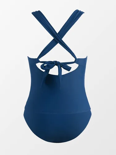 Vista 5 de CUPSHE Traje de baño tankini para mujer, cuello en V, fruncido, de dos piezas, anillo en O en la espalda, lazo cruzado en la espalda, tiro medio