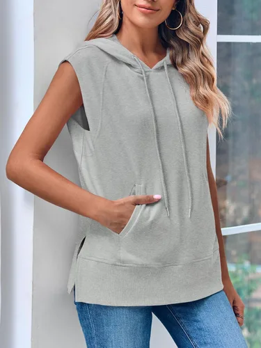 Vista 4 de Fisoew Sudadera sin mangas con capucha para mujer, casual, con cordón lateral, con bolsillos