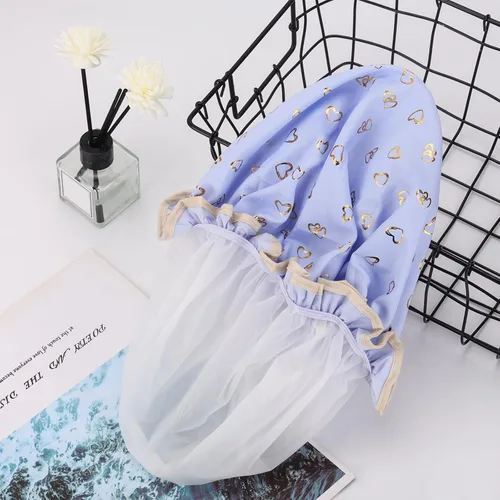 Vista 3 de 4 Piezas Gorros de Ducha para Mujeres y Niña, Gorro de Baño Reutilizable e Impermeable con Doble Capa Impermeable, Patrón de Pájaro y Corazón