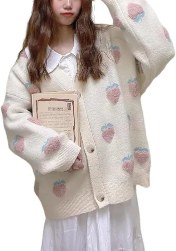 Vista 2 de Cárdigan de estilo japonés para mujer, suelto, dulce, lindo suéter de punto de fresa