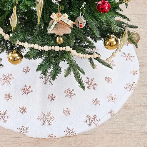 Vista 18 de Falda de árbol pequeña de 24 pulgadas, falda de árbol de piel sintética blanca de Navidad de 4 pies, mini copos de nieve de lentejuelas doradas
