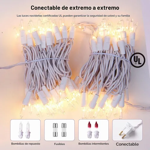 Vista 4 de Dirnun Luces de Navidad de color blanco transparente, 100 unidades, luz incandescente, certificación UL, luces conectables para árbol de Navidad