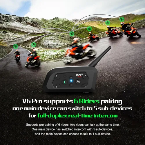 Vista 3 de EJEAS Casco de motocicleta Bluetooth V6 Pro, 2 vías 1200M sistema de comunicación de intercomunicación de motocicleta para esquí/ATV/Dirt