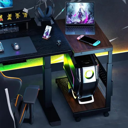 Vista 8 de [Usado] Soporte de torre para computadora/soporte de torre de PC con ruedas, doble nivel y carrito de soporte de CPU ajustable de 5 niveles Nogal