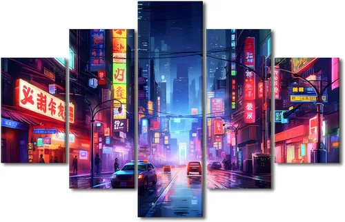 Vista 58 de Póster de 5 paneles en lienzo para decoración de pared, diseño de centro urbano Cyberpunk, impresión moderna, decoración de pared para el hogar