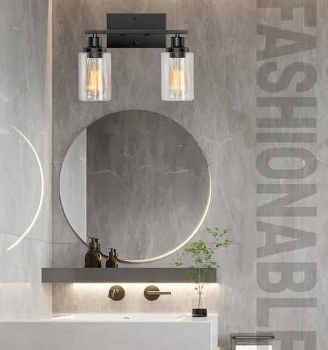 Vista 2 de Lámparas de baño, luces negras de 2 luces, luz de tocador de baño Modern Metal Frame Wall Lamp over Mirror with Clear Glass Shades, Vanity Lights