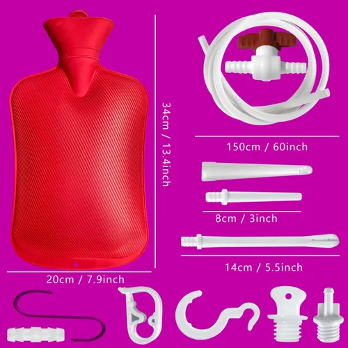 Vista 2 de Bolsa de enema de 2 L con interruptor, botella de agua caliente, manguera de silicona de 5.0 pies de largo, 3 puntas reutilizables de varios