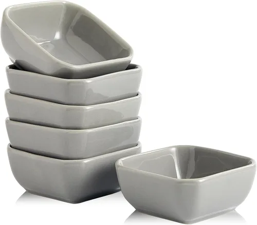 Vista 9 de Juego de cuencos de cerámica de 6,3 onzas de porcelana pequeños pequeños platos cuadrados para salsa de soja, buenos para salsa de tomate, soja
