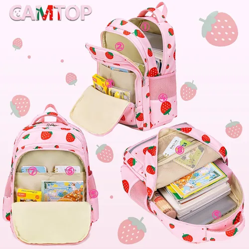 Vista 4 de CAMTOP Mochila para niños y niñas, mochilas preescolares con lonchera, juego de bolsa luminosa para jardín de infantes, rosado (Pink Strawberry)