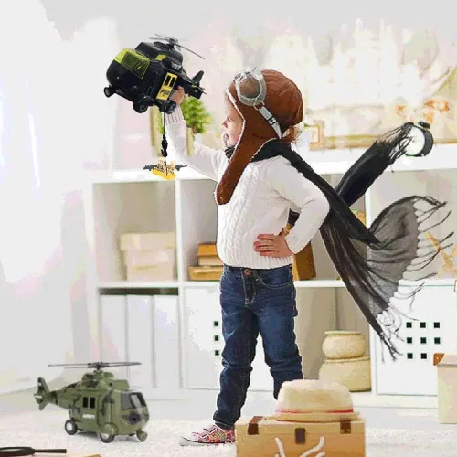Vista 2 de OMGTOY Helicóptero militar, avión de la fuerza aérea de juguete con cesta colgante luces y sonidos para niños (negro)