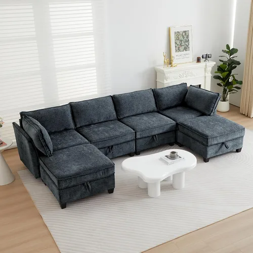 Vista 15 de ORRD Juego de sofá modular esquinero de gran tamaño, sofá convertible en forma de L con almacenamiento, sofá modular de 8 plazas con otomanas y Beige