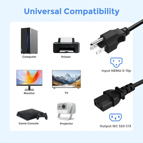 Vista 5 de Cable de alimentación de CA de 3 clavijas de 4 pies, cable de repuesto de enchufe en ángulo 90, NEMA 5-15P a C13, compatible con TV, escritorio